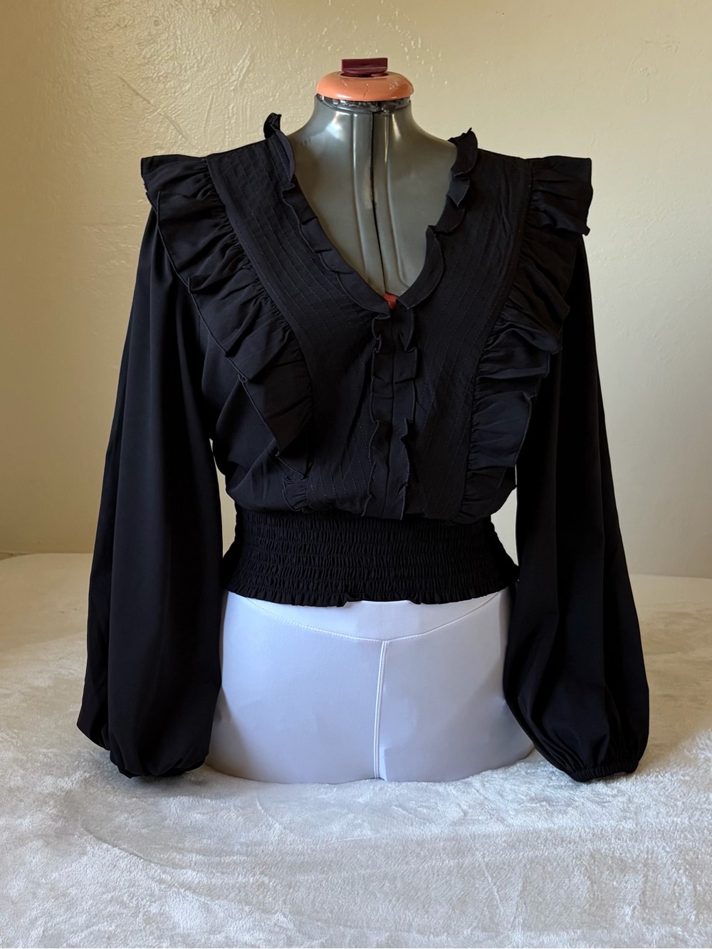 Express Black Ruffled V-Neck Smocked-Waist Blouse - Picture 4 of 9